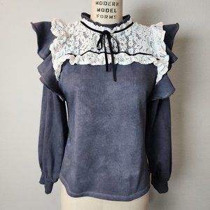 Upcycled Wednesday Victorian Lace Long Sleeve Ruffled Black Terry Pullover